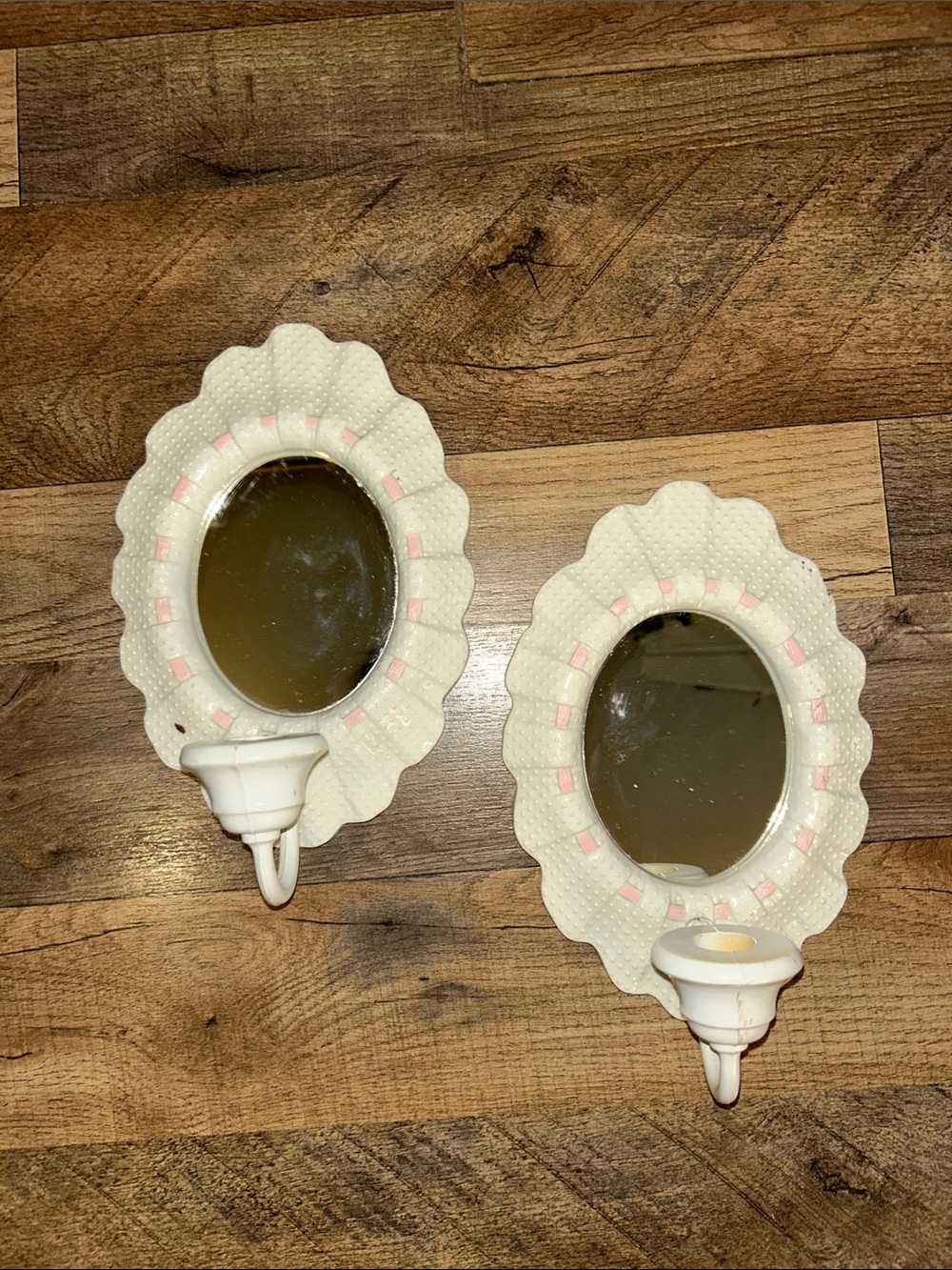 Vintage Home Interiors set of 2 White Wall Mirror Sconces with Pink Accent